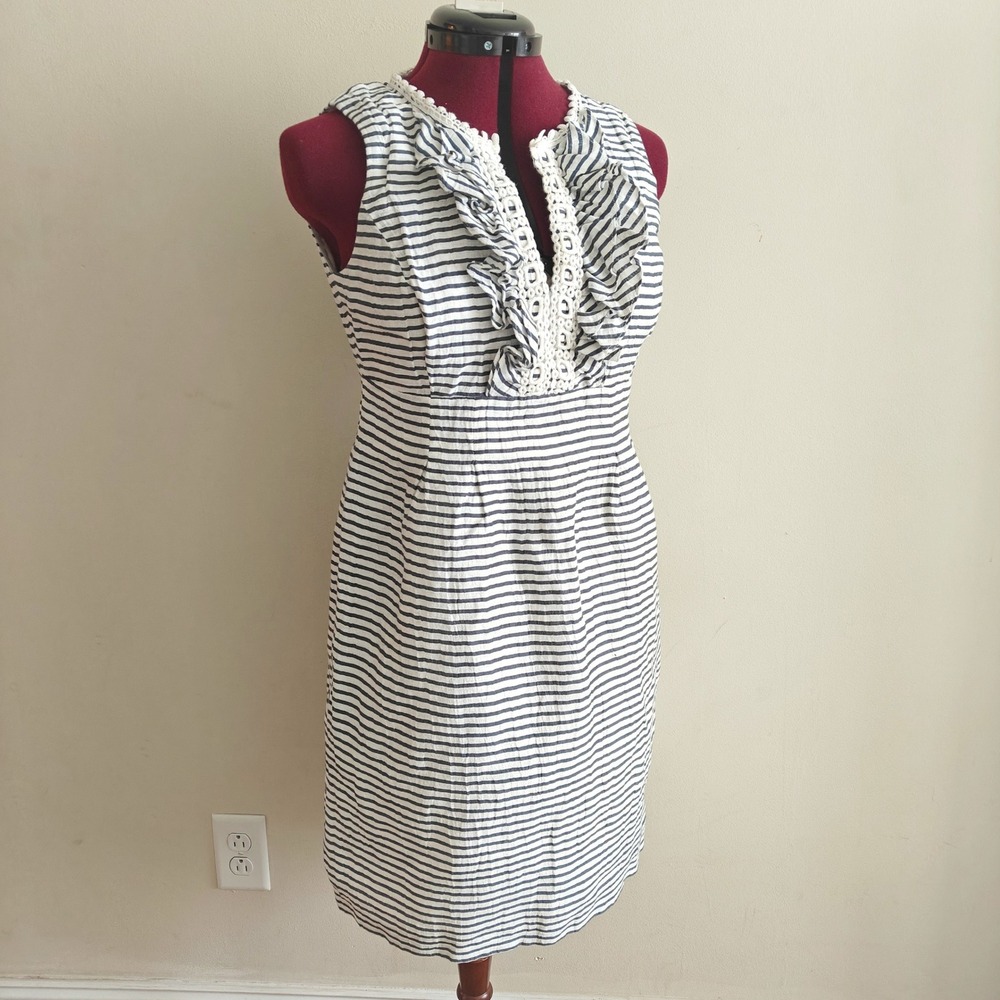 Nine West Womens Navy White Striped Linen Blend Ruffle Crochet Sheath Dress 6